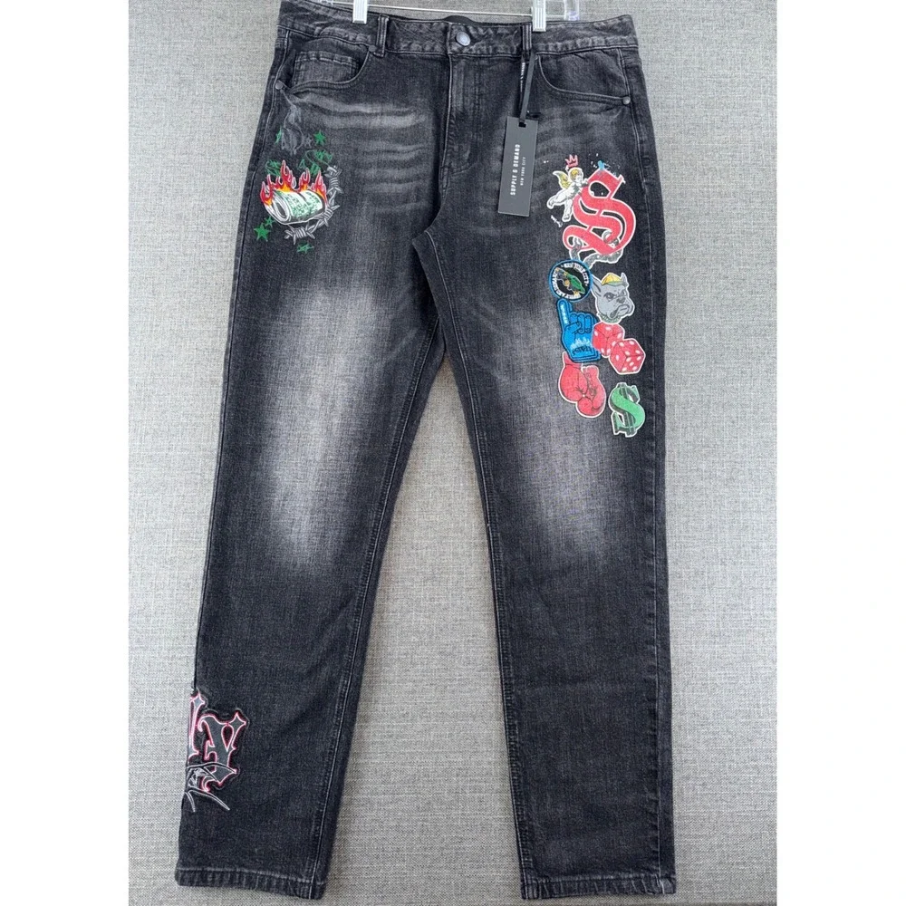 Supply & Demand Cayman Slim Fit Jeans Black Graphic Patch 36W XL SUM17440